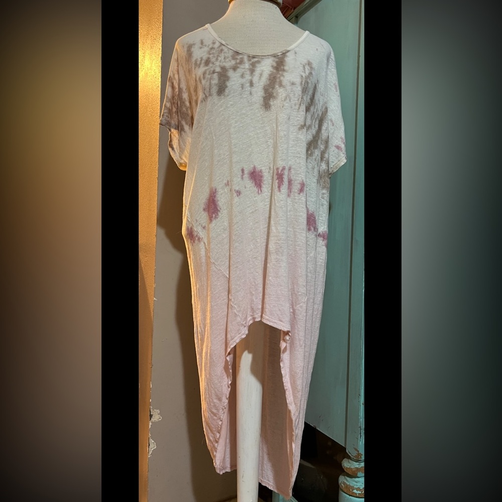 Pete & Greta Johnny Was Linen Tunic Dress Medium M High Low Tie Dye Beige Pink